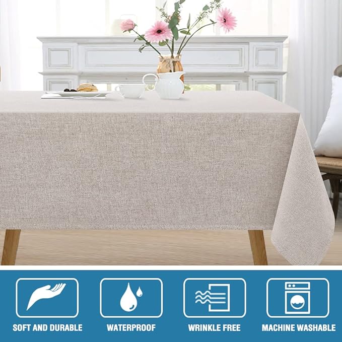 H.VERSAILTEX Linen Textured Tablecloth 60 x 84 Waterproof Decorative Table Cloth Spill-Proof Linen Look Cover for Party Table Extra Soft and Thick Fabric Wrinkle Free, Heather Sand