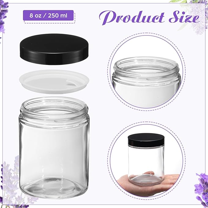 12 Pcs 8 oz Glass Jars with Lids, Clear Candle Jars with Black Lids Round Empty Candles Container Tins for Candle Making Storing Lotions Spice Powder Liquid Sample Makeup (Clear)