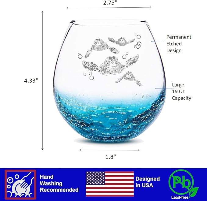 Sea Turtle Gifts for Women, Etched Sea Turtles Family Handmade Engraved Crackle Turquoise Beach Wine Glass With Velvet Gift Box 18 Ounces