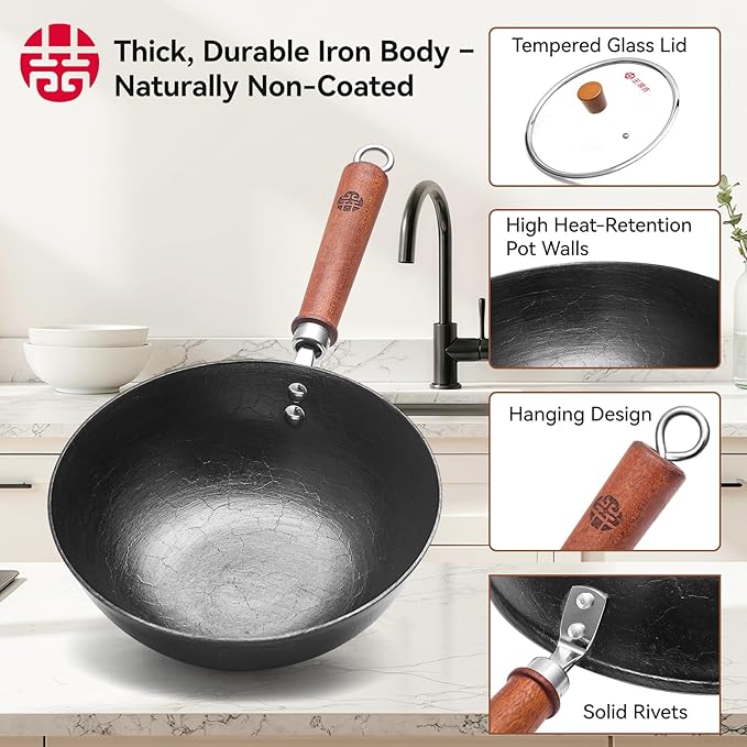 WANGYUANJI 9.5 Inch Cast Iron Wok with Glass Lid – Small Flat Bottom Stir Fry Pan with Wooden Handle, Non-Coated Cookware for Gas & Open Flame