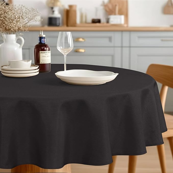 JIUZHEN Faux Linen Round Tablecloths 54 inch, Decorative Wrinkle Free Texture Rustic Circle Table Cloth Cover for Kitchen, Dining, Party, Wedding, Outdoor Use (54 Inch Round,Black)