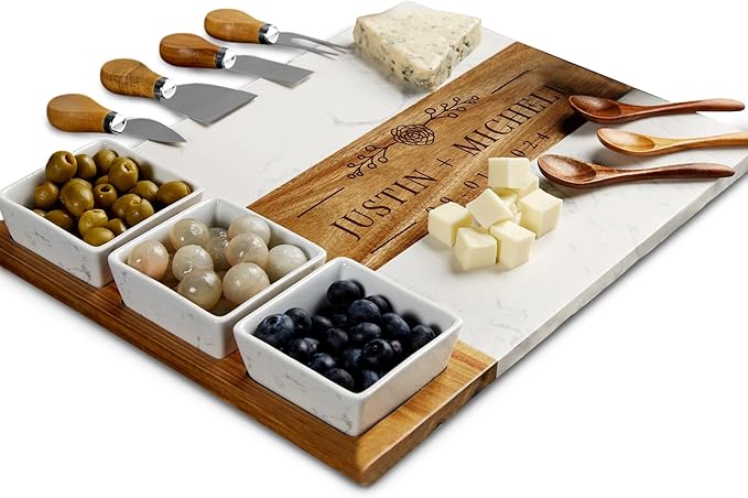 Personalized Charcuterie Board Set, Wedding Gift for Couples, Custom Engraved Marble Wood Cheese Board, Bridal Shower & Engagement Gift, Mr & Mrs Cheese Serving Board for Newlyweds