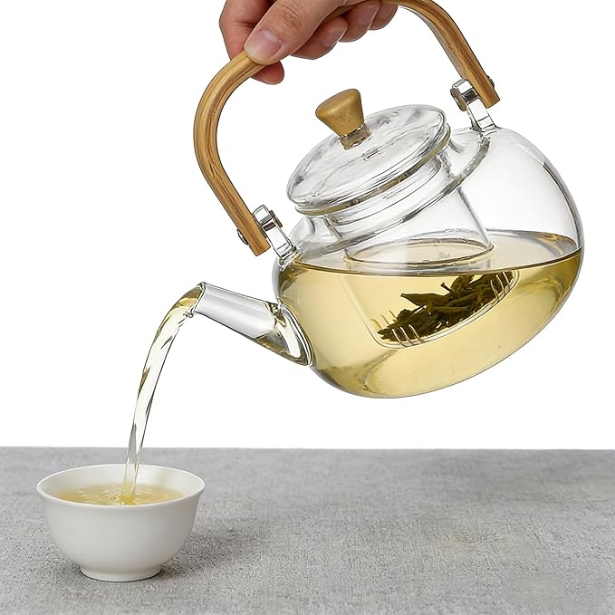 1500ml (50.72oz) Borosilicate Glass Teapot with Wooden Handle, Stovetop Safe Large Tea Kettle with Removable Glass Infuser for Blooming Tea and Loose Leaf Tea