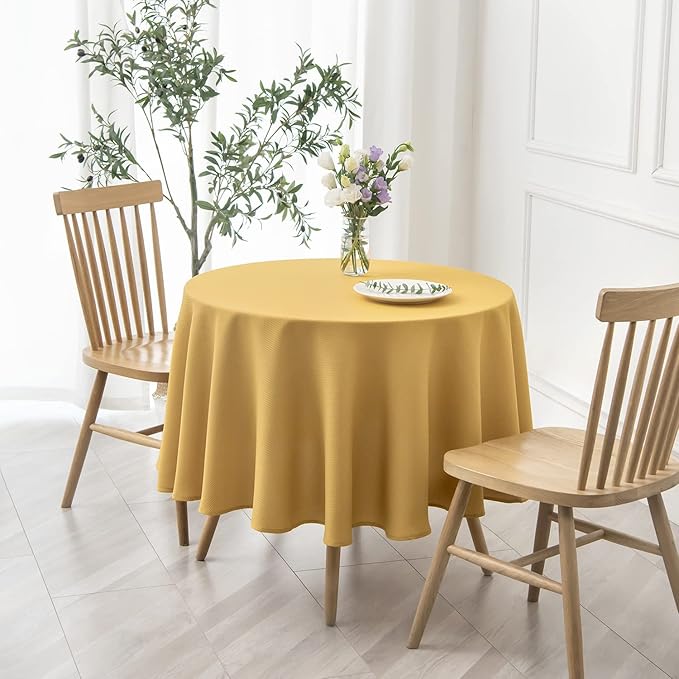 maxmill Round Textured Tablecloth Spill-Proof Wrinkle Free Soft Jacquard Table Cloth for Circular Table Cover, for Dining Room Buffet Banquet Parties Holiday Dinner, 70 Inch, Ochre Yellow