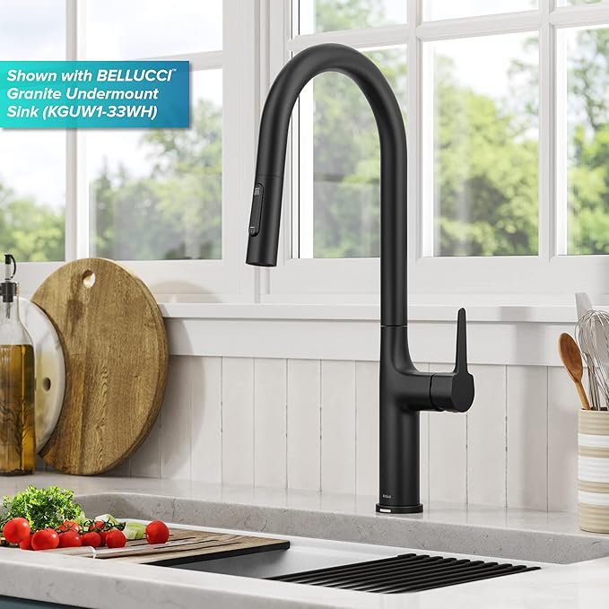 KRAUS Oletto Tall Modern Single-Handle Touch Kitchen Sink Faucet with Pull Down Sprayer in Matte Black, KTF-3101MB