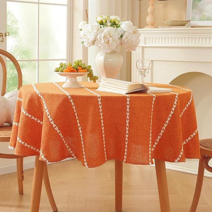 Zobesta Linen Table Cloth Burnt Orange Round Tablecloth 53 inch, Washable Farmhouse Soft Boho Round Table Cloth for Halloween,Thanksgiving, Party, Dining, Outdoor, Fall