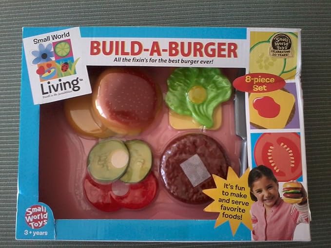 Small World Toys Build-A-Burger Play Food Set – Pretend Play Food Set for Kids – Toy Kitchen Accessories Pretend Food Burger Toy Hamburger – Birthday Gift for Kids 3+