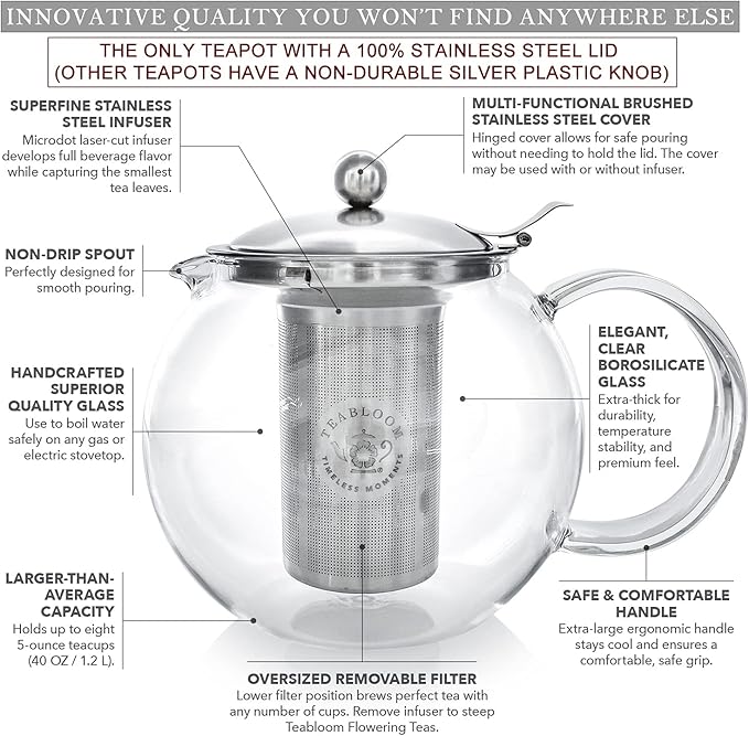 Teabloom Stovetop Safe Glass Teapot with Removable Infuser (40oz/1200ml) and Four Double Walled Glass Cups (5oz/150ml) - Classica Tea Set