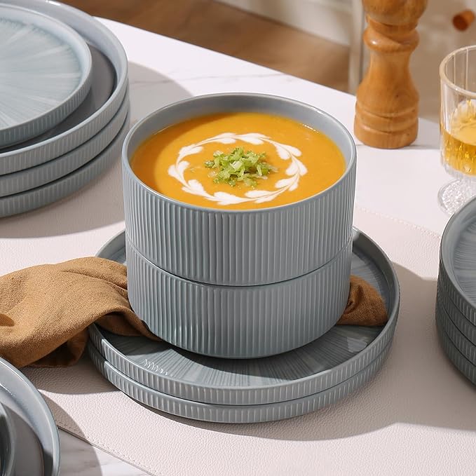 Dinnerware Sets for 4, Ceramic Plates and Bowls Set 12 Piece Dinnerware Chip Resistant Stoneware, Dishwasher and Microwave Safe-Blue