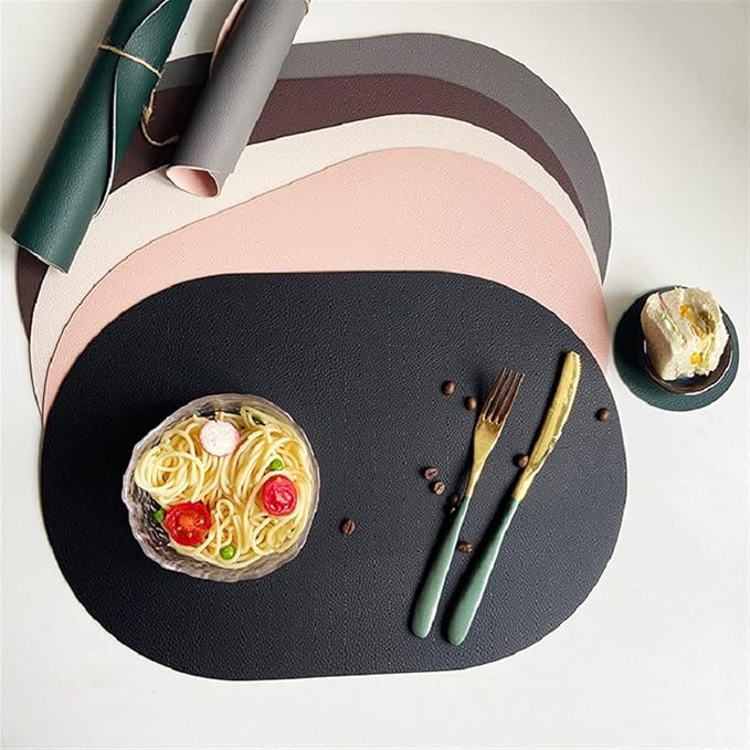 Set of 1/4 Faux Leather PU Placemats Black Oval Round Dinning Table Mats Wipeable Plate Round Mats Nordic Style(DS Grey Cream,44x30cm 4pcs)