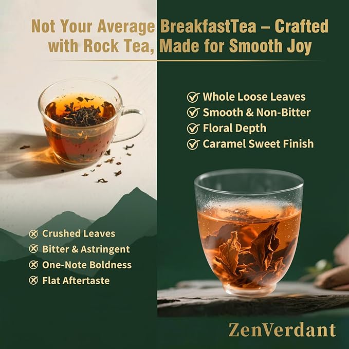 ZenVerdant Unique Breakfast Tea Blend - 3 Premium Wuyi Rock & Black Teas, Loose Leaf, Resealable Pouch | Floral Aroma, Caramel Sweet Aftertaste, Smooth Non-Bitter, 3+ Steeps