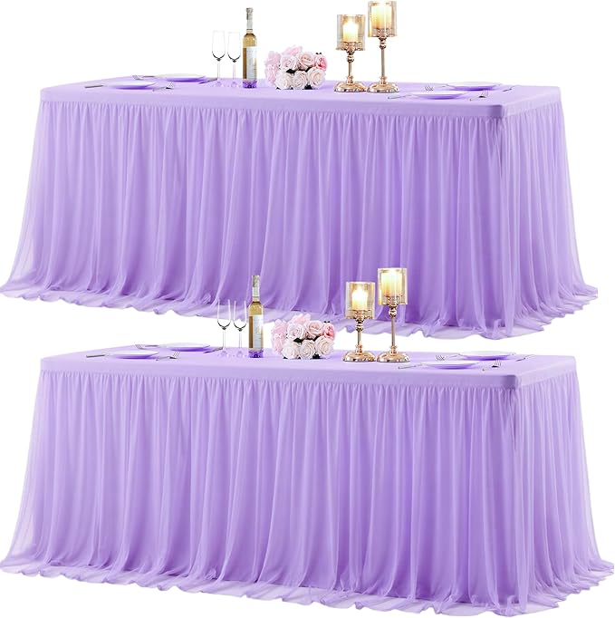 Suppromo 2 Pack 6ft Lavender Tulle Tablecloths for Rectangle Tables 6 Foot Rectangular Table Cloth Wrinkle Free Table Cover with Tutu Skirt for Wedding Baby Shower Birthday Party Banquet Buffet Cake