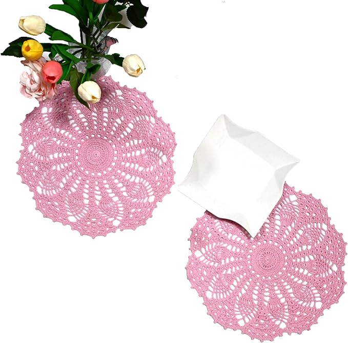 BIBITIME 2 PCS 11 inches to 12 inches Lace Doilies Crochet Handmade Lace Coasters Round Placemat Rustic Table Doilies Decors for Kitchen Dining Room Party Dressers Pink