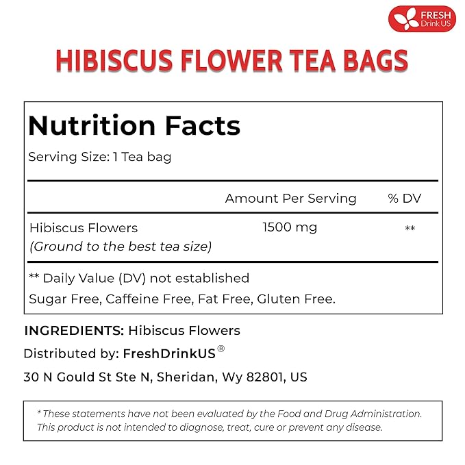 FreshDrinkUS, Premium 30 Hibiscus Flowers Tea Bags, 100% Natural & Pure from Hibiscus Flowers. Loose Flower Herbal Tea. No Sugar, No Caffeine, No Gluten, Vegan.