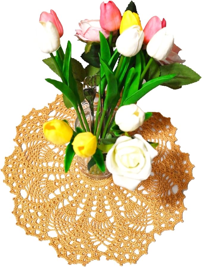 BIBITIME Lace Doilies Crochet Handmade Lace Coasters Round Placemat Rustic Table Doilies Decors for Kitchen Dining Room Party Dressers (11 inches to 12 inches,Pack of 2 PCS, Champagne)