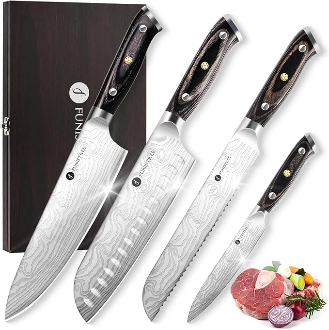 4 Pieces Professional Kitchen Knife Set, Damascus German Stainless Steel Chef Knife Set With Wooden Box, 8" Chef Knife, 5" Utility Knife, 8" Bread Knife, 7" Santoku Knife, Gift for Men Women