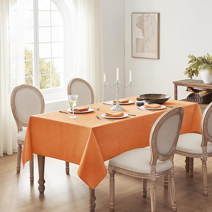 Softalker Fall Linen Textured Rectangle Tablecloth, Waterproof Wipeable Farmhouse Burlap Table Cloth, Stain Resistant Wrinkle Free Table Covers for Kitchen Dining Holiday Party (52 x 70, Orange)