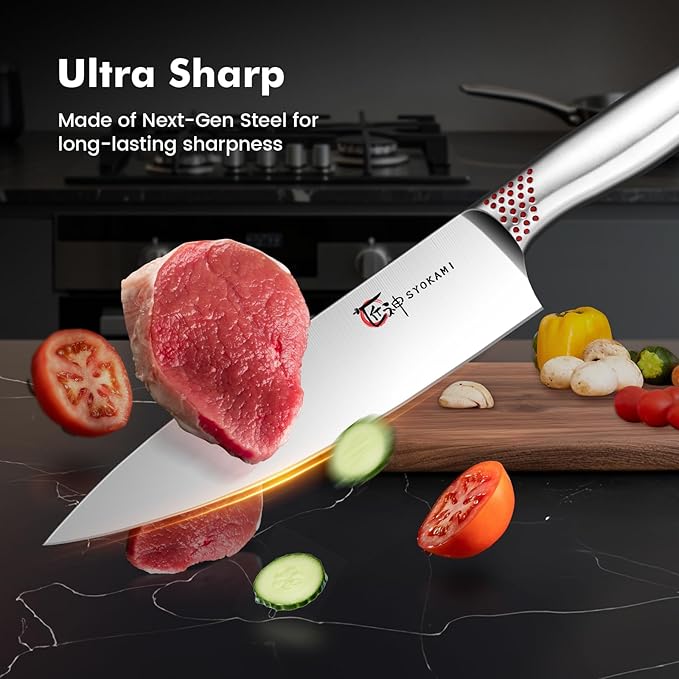 Japanese Knives Set for Kitchen, Magnetic Knife Set with Block and Sharpener, Stainless Steel Knife Set as Gift for Couple, Wedding, Women or Mom with Gift Box, 14 PCS Red Dot