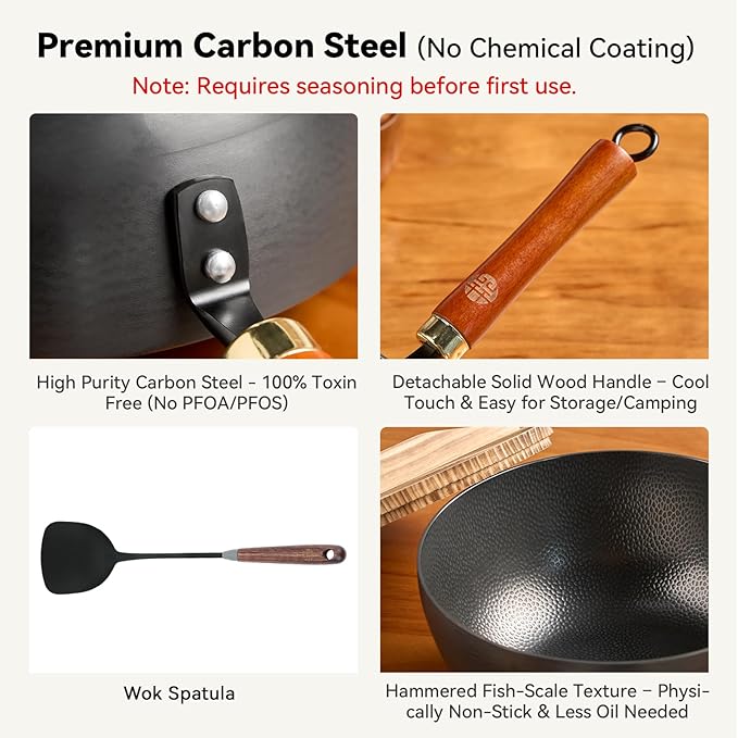 WANGYUANJI Carbon Steel Wok with Lid, 8.7" Small Mini Wok Pan, Thickened Heavy Duty Flat Bottom for Deep Frying, Camping & Solo Meals, Induction Ready, Seasoning Required