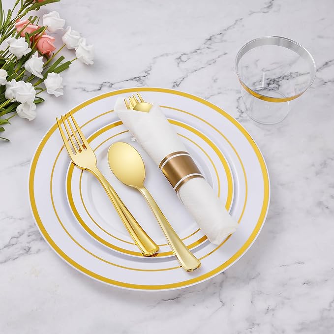 Goodluck 175 Piece Gold Plastic Dinnerware Set for 25 Guests, Fancy Disposable Plates for Party, Include: 25 Dinner Plates, 25 Dessert Plates, 25 Pre Rolled Napkins with Gold Silverware, 25 Cups