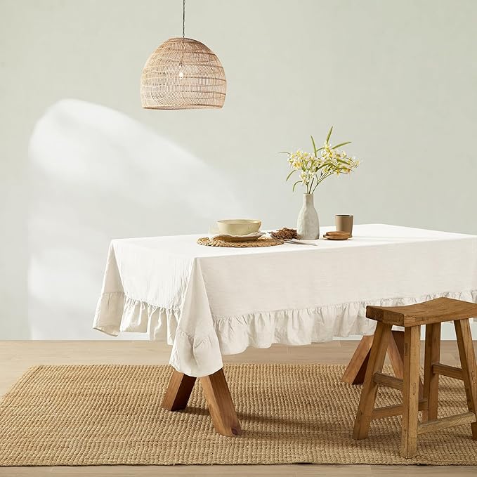 MONDAY MOOSE Ruffle Farmhouse Rustic Rectangle Natural Stonewashed Cotton Tablecloth for Kitchen, Dining Room, Restaurant (55x70 inch, White)