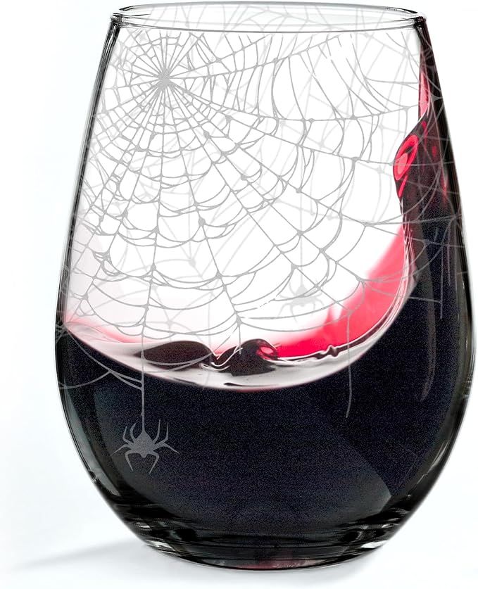 SPIDERWEBS Engraved 17oz Stemless Wine Glass | Great Halloween Scary Spooky Creature Gift Idea!