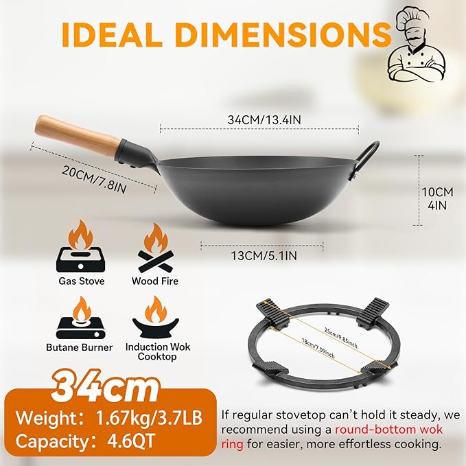 WANGYUANJI 13.4" Round-Bottom Iron Wok, Deep Chinese Stir-Fry Pan (Seasoning Required), Wok Ring Required, Not Flat-Top/Induction — No Lid, No Ring,Wooden Handle, Coating-Free