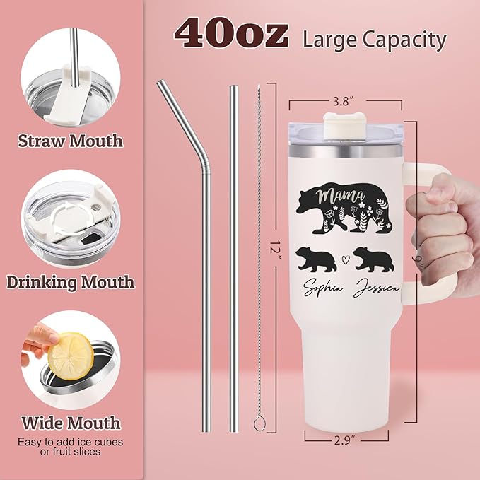 Personalized Mom Tumbler with Kids Names, Custom Christmas Gifts for Mom from Daughter and Son, Stainless Steel 40 Oz Mama Tumbler, Gifts for Grandma