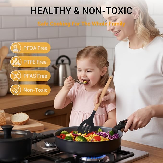 Ammeloo 18 Pcs Ceramic Pots and Pans Set Non Stick Kitchen Cookware Set with Detachable Handle, Non Toxic Cooking Set with Removable Handle for RVs, Camping, Fridge, Dishwasher/Oven Safe, Black