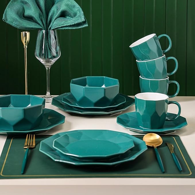 Stone + Lain Jamie Porcelain 16-Piece Geometric Dinnerware Set, Green