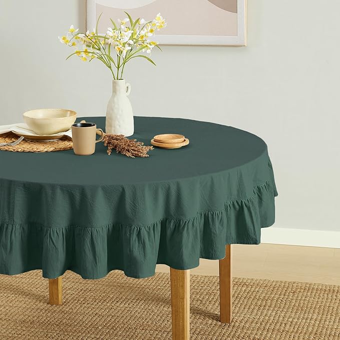 MONDAY MOOSE Ruffle Farmhouse Rustic Round Natural Stonewashed Cotton Tablecloth for Kitchen, Dining Room, Restaurant (60" Round, Teal Green)