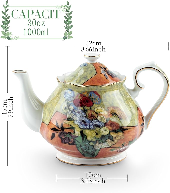 Teapot 30 oz Vangogh Paintings Bone China Loose Tea Pot Floral Design Vintage Ceramic Coffee Water Pot European Style Porcelain (Flower Vase)