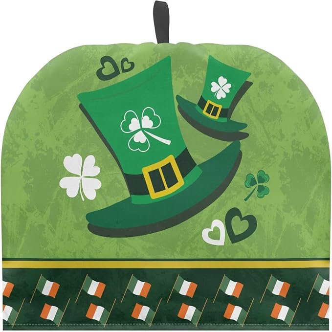 Tea Cozy for Teapots with Handle, St. Patrick's Day Shamrock & Irish Flag Print Dust Insulated Cover, Hanging Fold-Up Design, Suitable for Kitchen and Living Room Table Decoration