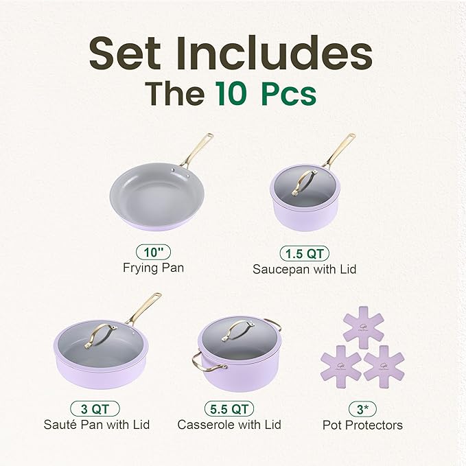 Chef Power Ceramic Cookware Sets, 10Pcs Pots and Pans Set Non Stick, Cookware Set with Stainless Steel Handle, Dishwasher & Oven Safe, Light Purple and Granite Grey