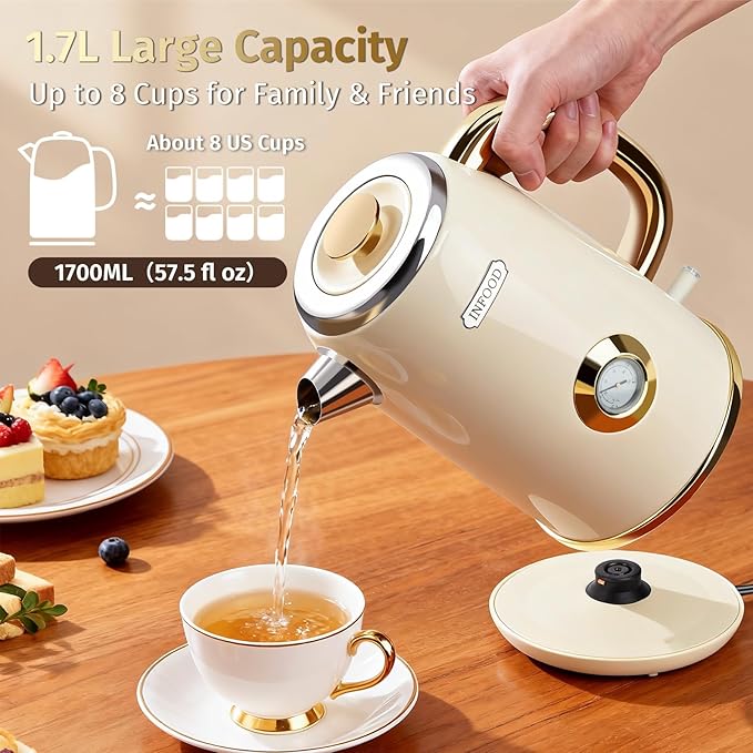 INFOOD Retro Electric Kettle 1.7L/57oz with Thermometer - 1500W Fast Boiling Stainless Steel Hot Water Tea Kettle, BPA-Free, Cordless, Auto Shut-Off, Boil-Dry Protection, White