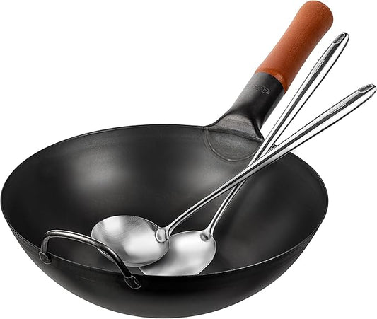 YOSUKATA Carbon Steel Wok Pan – 11,8 “ Woks and Stir Fry Pans + 17’’ Wok Spatula and Ladle - Set of 2 Heat-Resistant Wok Tools