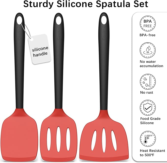 Coukre 3 Pack Silicone Spatula Set, High Heat Resistant, BPA-Free, Fish Spatula, Solid & Slotted Turner for Non-Stick Pans, Flipping Eggs, Pancakes, Fish, Burgers (3, Red)