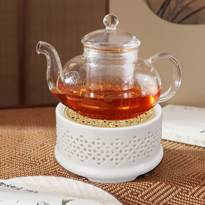 Tea Kettle Warmer, Tea Pot Warmer Ceramic Coffee and Milk Tea Warmer Hollow Frame with Tea Candle Holder Fits Most Teapots for Glass Teapot, Stainless Steel Teapot & More (White)