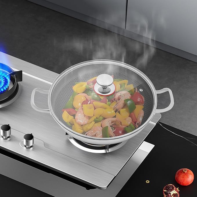 Wok Pan,Hybrid Wok with Lid,Non Stick Stainless Steel Woks & Stir-fry Pans Nonstick Frying Pan Dishwasher and Oven Safe, Works on Induction (14 inch)