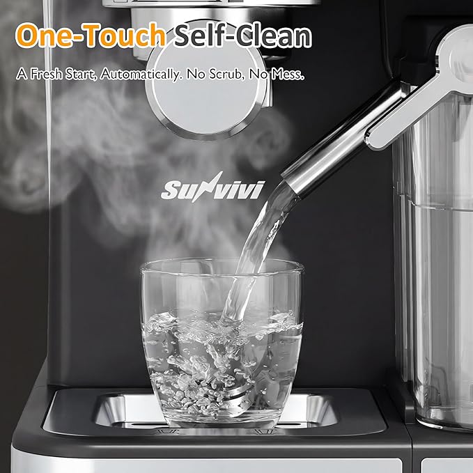 SUNVIVI Espresso Machine with Cold Brew, All-in-one Iced Coffee Maker with Automatic Milk Frother, LED Touchscreen, 51OZ Water Tank, Pressure Coffee Machine for Latte, Cappucinno, Self-clean, Black