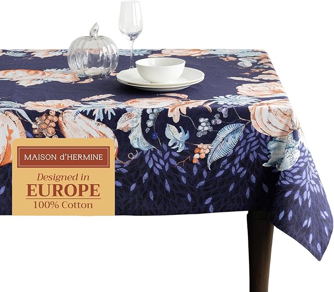 Maison d' Hermine Table Cloth Rectangle Table 100% Cotton 70 x 140 Inches Fall Tablecloth Reusable Everyday Use for Thanksgiving Christmas Decorations Dining Farmhouse Party (Pumpkin Blues)