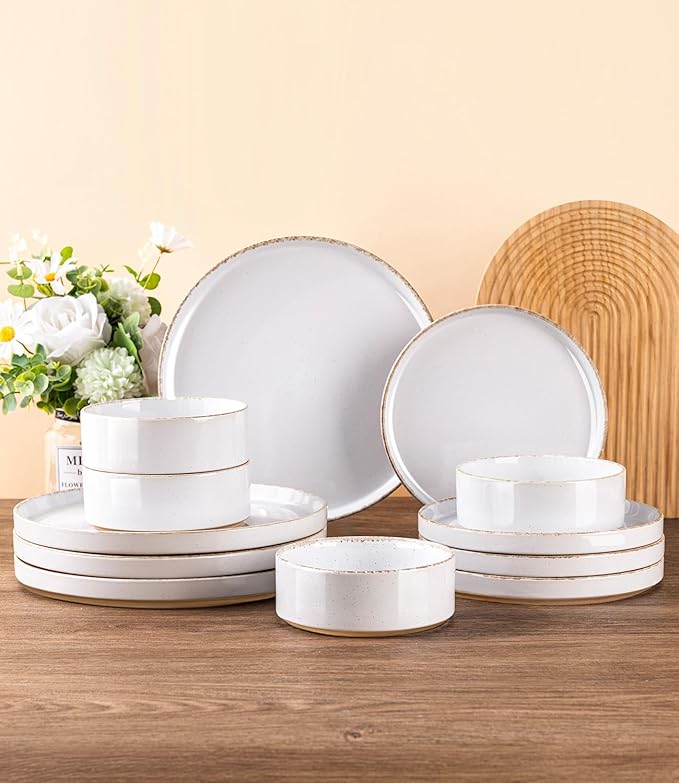 AmorArc Ceramic Dinnerware Sets for 4, 12 Pieces Handpainted Plates and Bowls Set with Rustic Terracotta Underside, Scratch Resistant Stoneware Dishes Set, Dishwasher & Microwave Safe