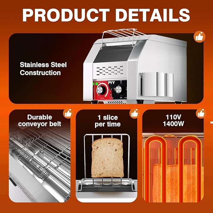 PYY Commercial Conveyor Toaster - 150 Slices/Hour Electric Conveyor Belt Toaster for Toast, Bun, Bagel, Bread, Heavy Duty Stainless Steel Toaster Oven for Restaurant, Bakery, Buffet Use
