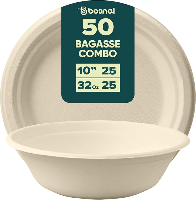 BOSNAL 10 Inch Round Plates with 32 oz Bowls – 25 Plates, 25 Bowls,100% Plant-Based Sugarcane Bagasse, Eco-Friendly Disposable Dinnerware for Hot & Cold Meals, Microwave Safe