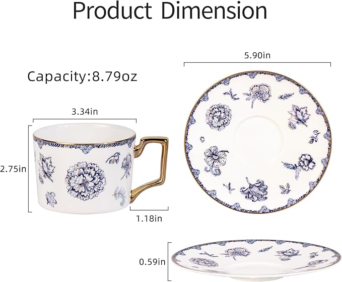 KAMMAK Tea Cups and Saucers Set of 2, Fine Bone China Coffee Cups, 8.5-Ounce Stackable Espresso Mugs, Ceramic Demitasse for Coffee, Cappuccino, Latte, Americano, Tea, English Navy