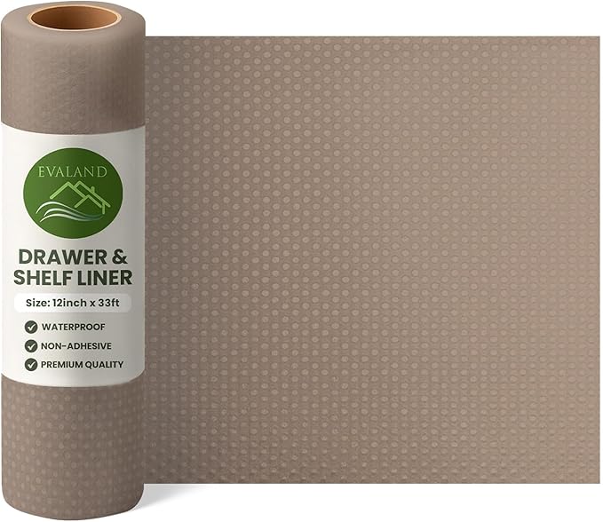 EVALAND Shelf Liners for Kitchen Cabinets Non-Adhesive 12" x 33 FT Beige Drawer Liner Non Slip, Washable Cabinet Liner, Waterproof Shelf Liners for Cabinets, Refrigerator Bathroom Pantry Cabinet Mat