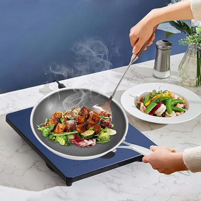 Stainless Steel Honeycomb Wok, Non-stick Cooking Frying Pan with Lid, Stir-fry Pan for Gas Stoves, Concave Induction, Ceramic, Electric Stoves (12.6 * 3.4in)
