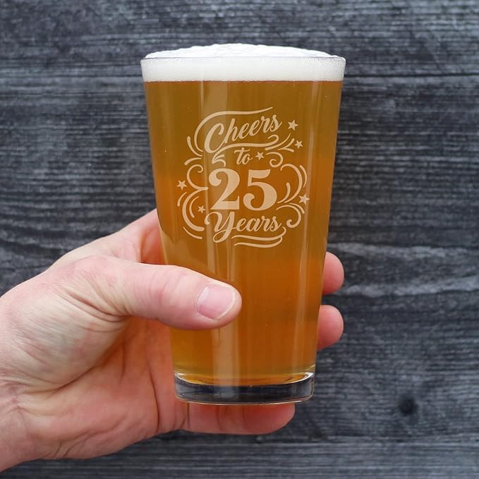 Bevvee Cheers to 25 Years - Pint Glass for Beer - Gifts for Women & Men - 25th Anniversary Party Decor - 16 Oz Glasses