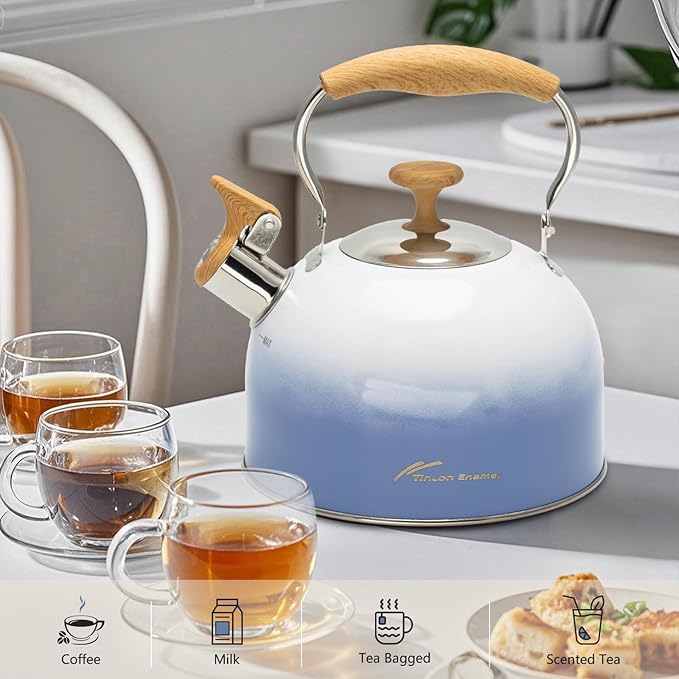 Tea Kettle for Stove Top, 2.5 Quart Whistling Tea Kettle, Food Grade Stainless Steel and Ergonomic Folding Handle, Tea Pots for Tea, Coffee, Milk - Gradient Blue