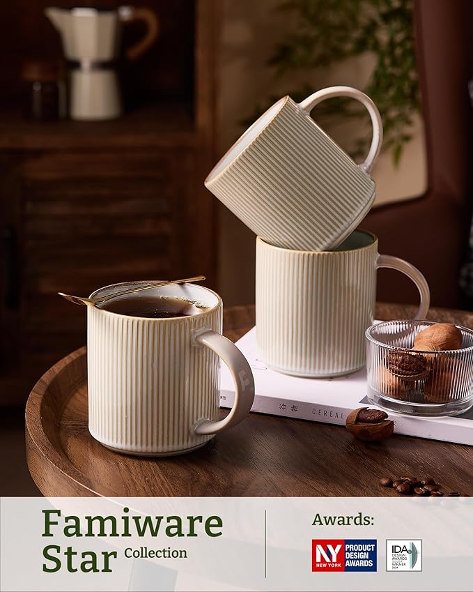 famiware Coffee Mug Set for 6, Star 16 oz Catering Mugs Cup Set with Handle for Coffee, Tea, Cocoa, Milk - Ceramic Stoneware Drinkware Set, Cappuccino White